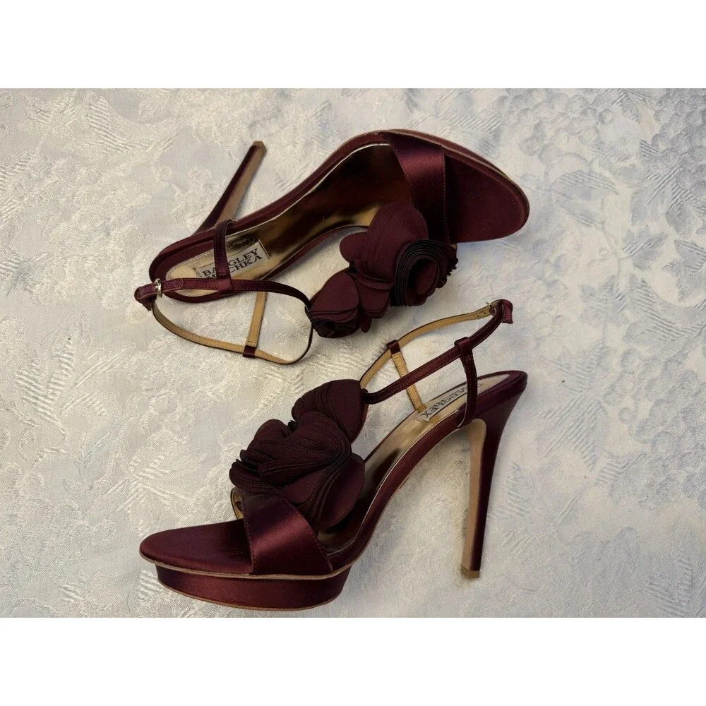 Badgley Mischka Heels Womens Randee Ruffle Flower Ankle Strap Satin Dark Red 10M